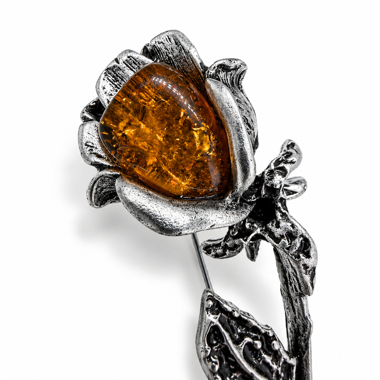 Baltic Amber Rose Brooch | Sterling Silver Plated Brass | Honey Amber Flower Pin