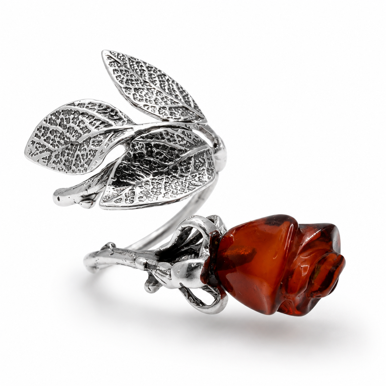 Baltic Amber Carved Rose Ring, Sterling Silver Leaf Design