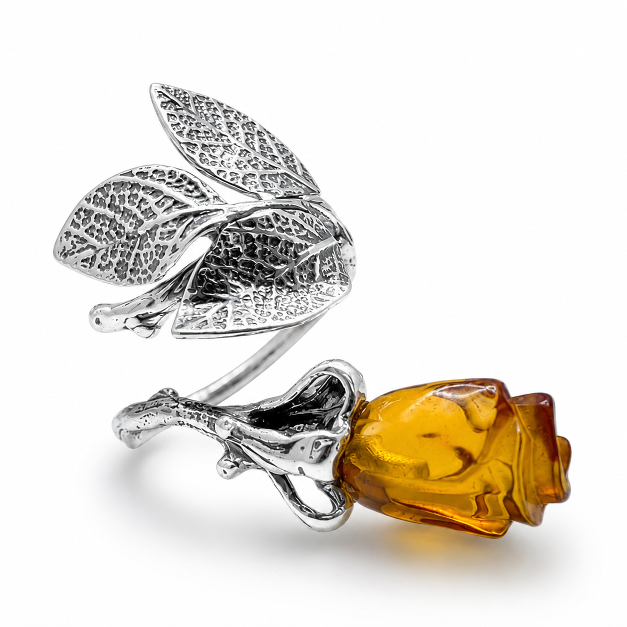Baltic Amber Carved Rose Ring, Sterling Silver Leaf Design