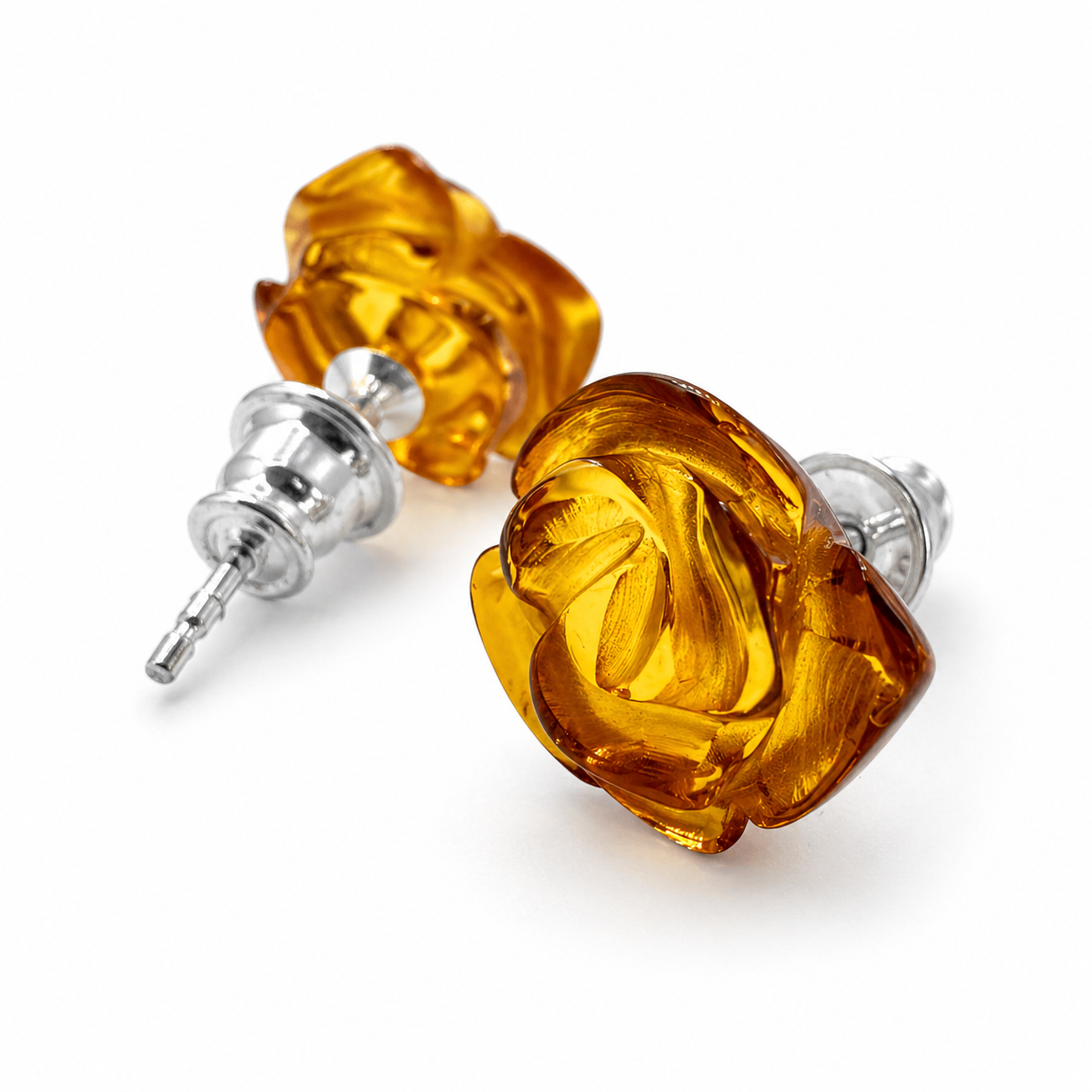 Baltic Amber Rose Stud Earrings, Sterling Silver Post Earrings, Hand Carved Amber Rose Earrings, Dainty Everyday Jewelry