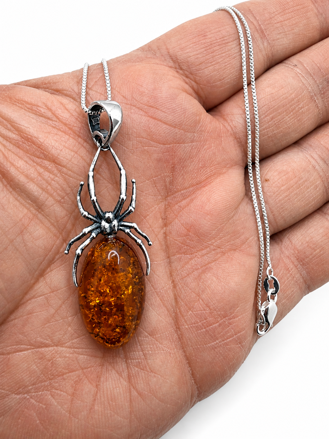Baltic Amber Spider Pendant – Oxidized Sterling Silver Necklace | Antique Finish | Statement Piece