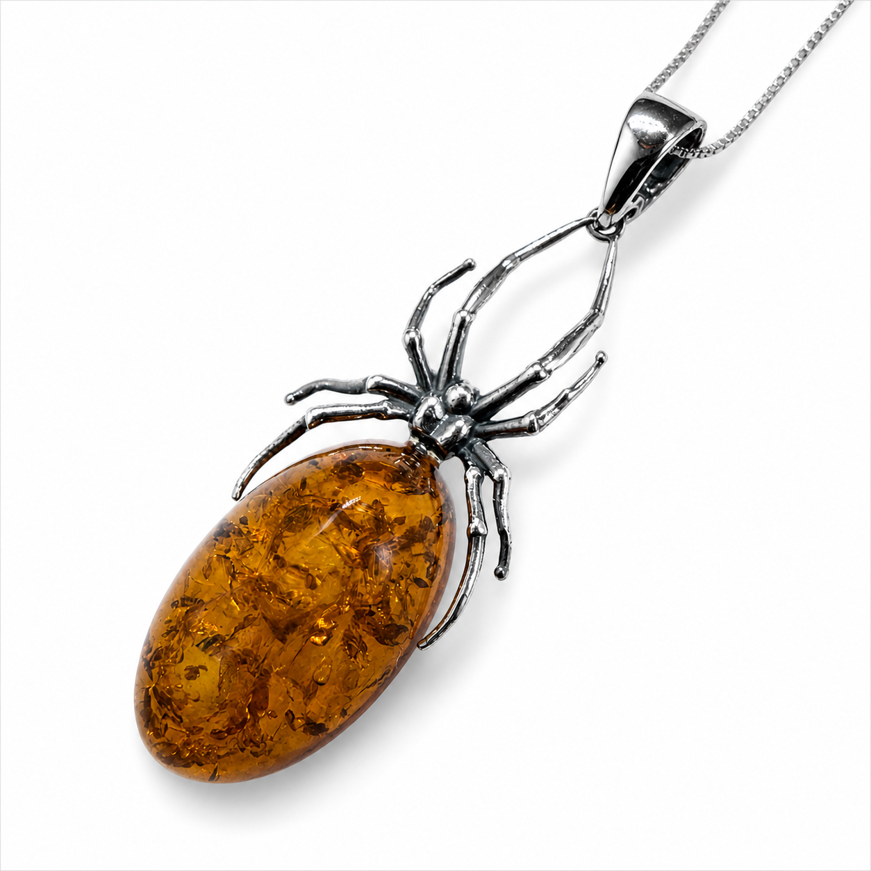 Baltic Amber Spider Pendant – Oxidized Sterling Silver Necklace | Antique Finish | Statement Piece