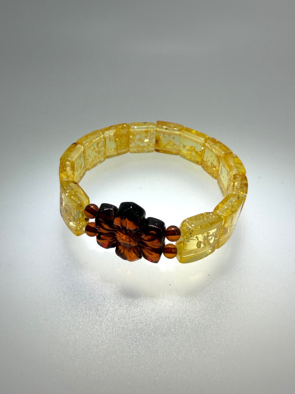 Baltic Amber Stretch Bracelet – Lemon Amber Squares with Hand Carved Flower Statement – Natural Baltic Amber Jewelry