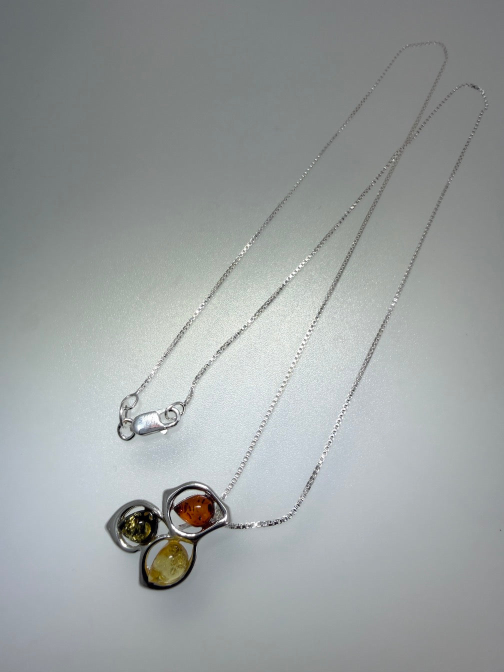 Baltic Amber Three Stone Cluster Pendant – Multicolor Marquise Amber Necklace – 18” Sterling Silver Box Chain