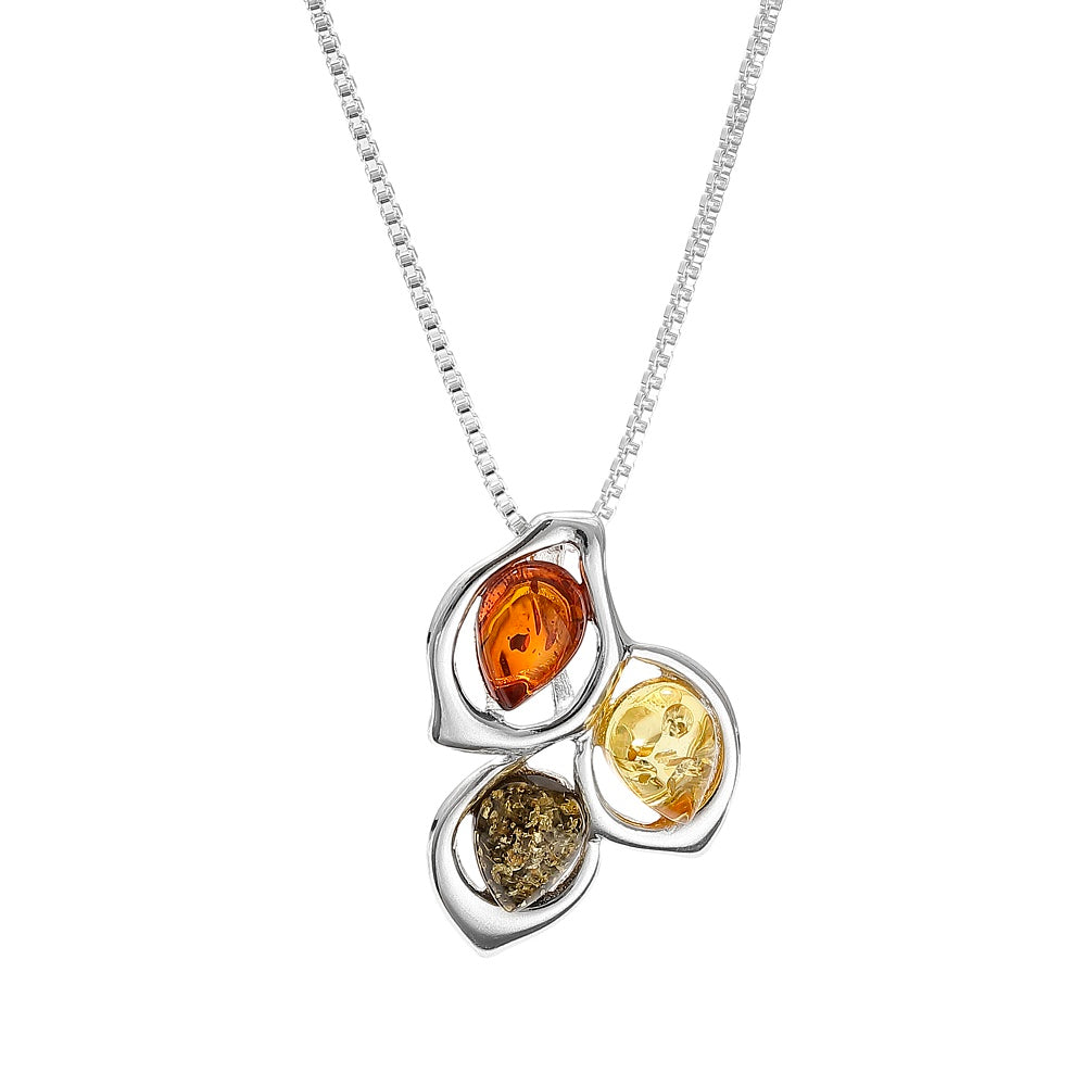 Baltic Amber Three Stone Cluster Pendant – Multicolor Marquise Amber Necklace – 18” Sterling Silver Box Chain