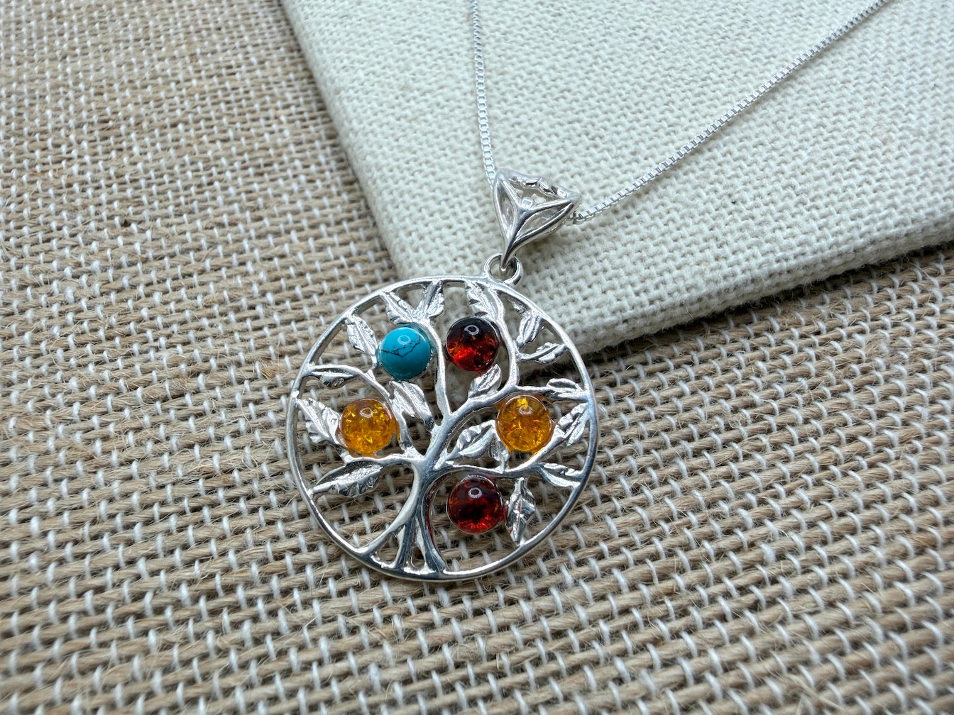 Baltic Amber Tree of Life Pendant – Honey, Cherry Amber & Turquoise – Nature Inspired Sterling Silver Necklace