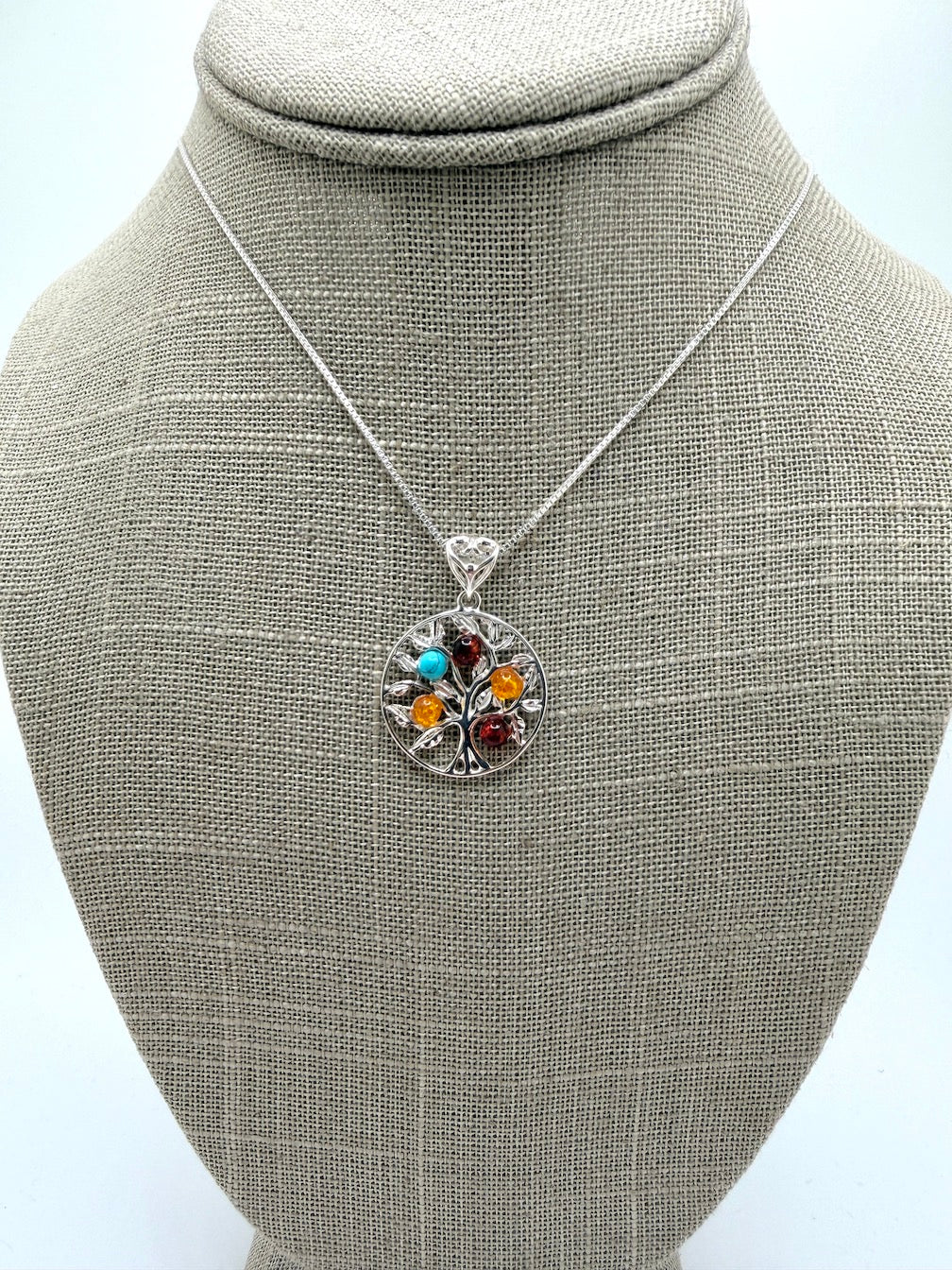 Baltic Amber Tree of Life Pendant – Honey, Cherry Amber & Turquoise – Nature Inspired Sterling Silver Necklace