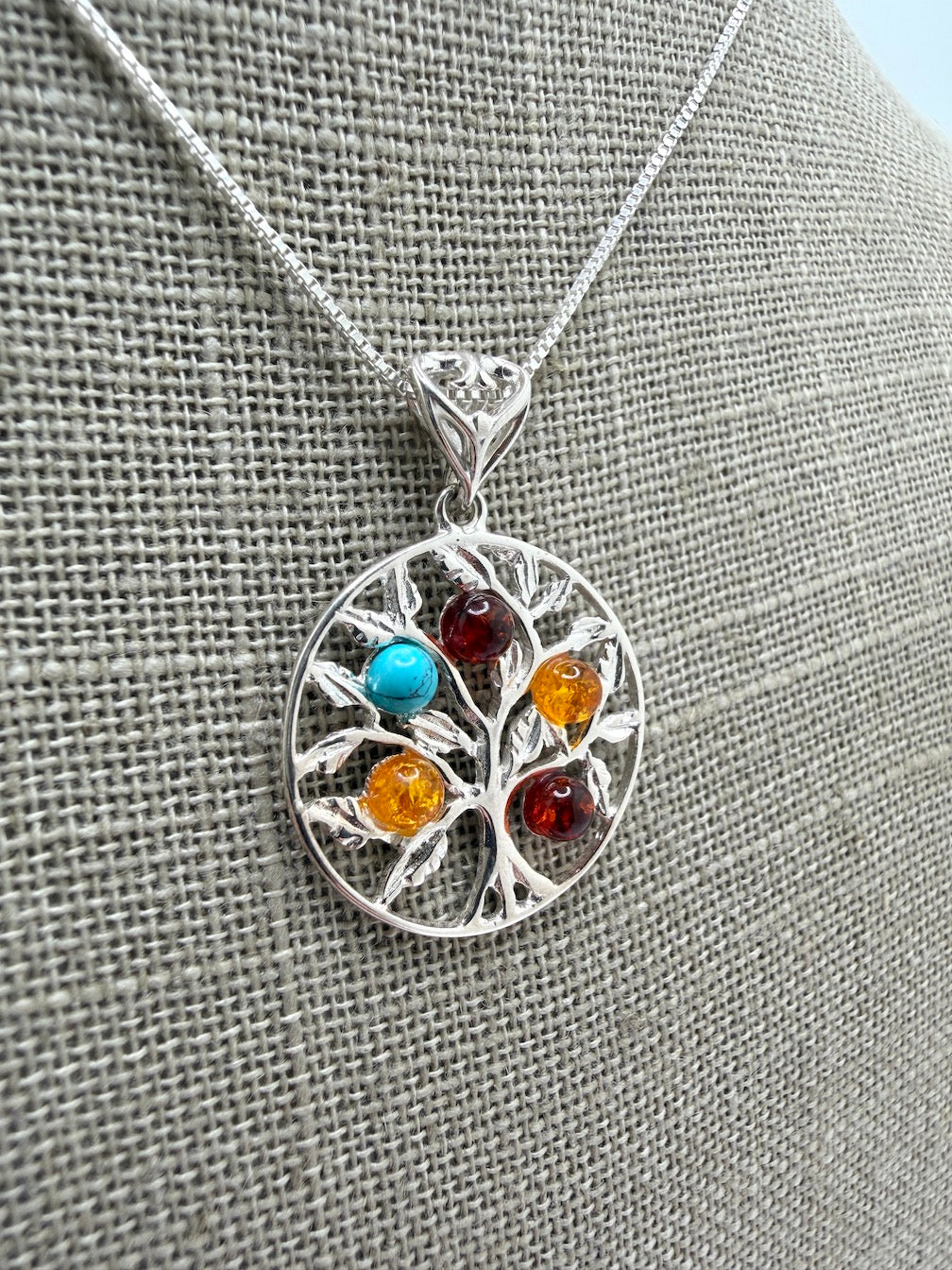 Baltic Amber Tree of Life Pendant – Honey, Cherry Amber & Turquoise – Nature Inspired Sterling Silver Necklace