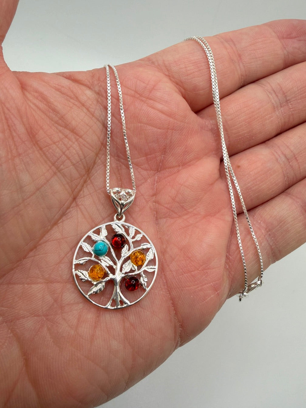 Baltic Amber Tree of Life Pendant – Honey, Cherry Amber & Turquoise – Nature Inspired Sterling Silver Necklace