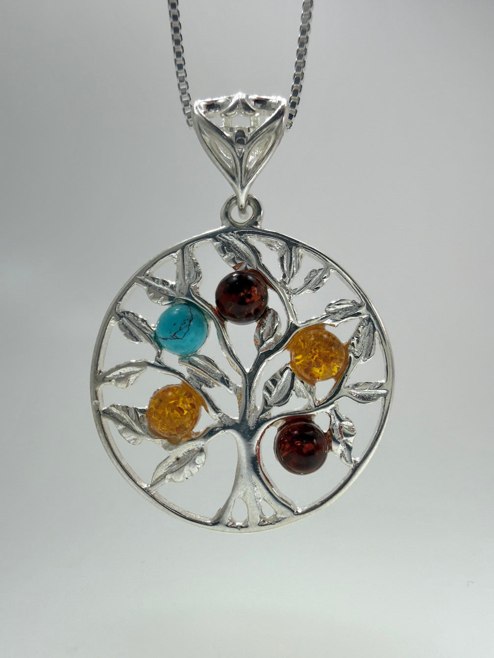 Baltic Amber Tree of Life Pendant – Honey, Cherry Amber & Turquoise – Nature Inspired Sterling Silver Necklace