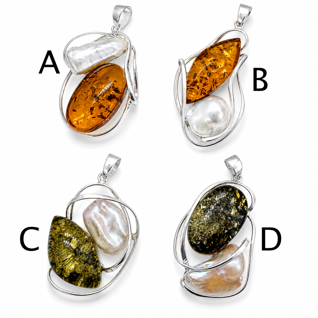 Baltic Amber & Keshi Pearl Pendant – Sterling Silver Necklace | Choice of Honey Cognac or Green Amber | One of a Kind