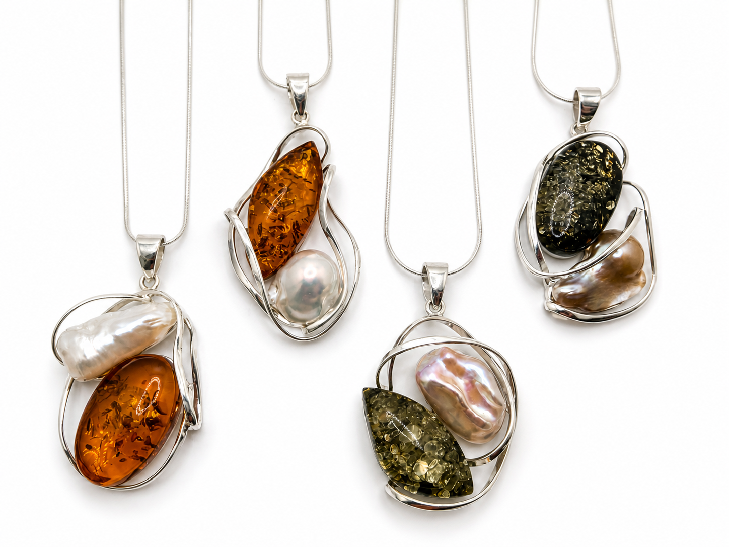 Baltic Amber & Keshi Pearl Pendant – Sterling Silver Necklace | Choice of Honey Cognac or Green Amber | One of a Kind