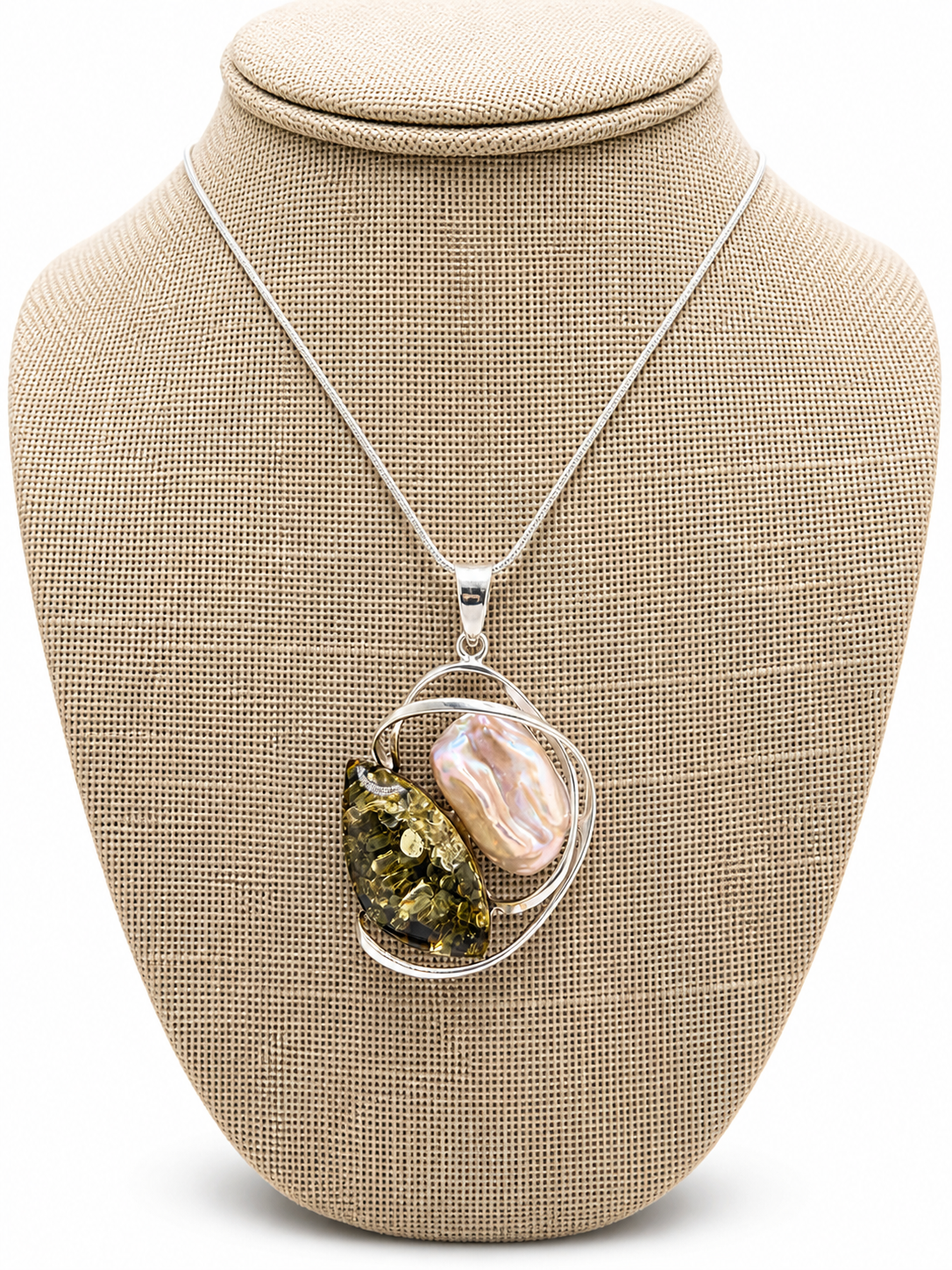 Baltic Amber & Keshi Pearl Pendant – Sterling Silver Necklace | Choice of Honey Cognac or Green Amber | One of a Kind