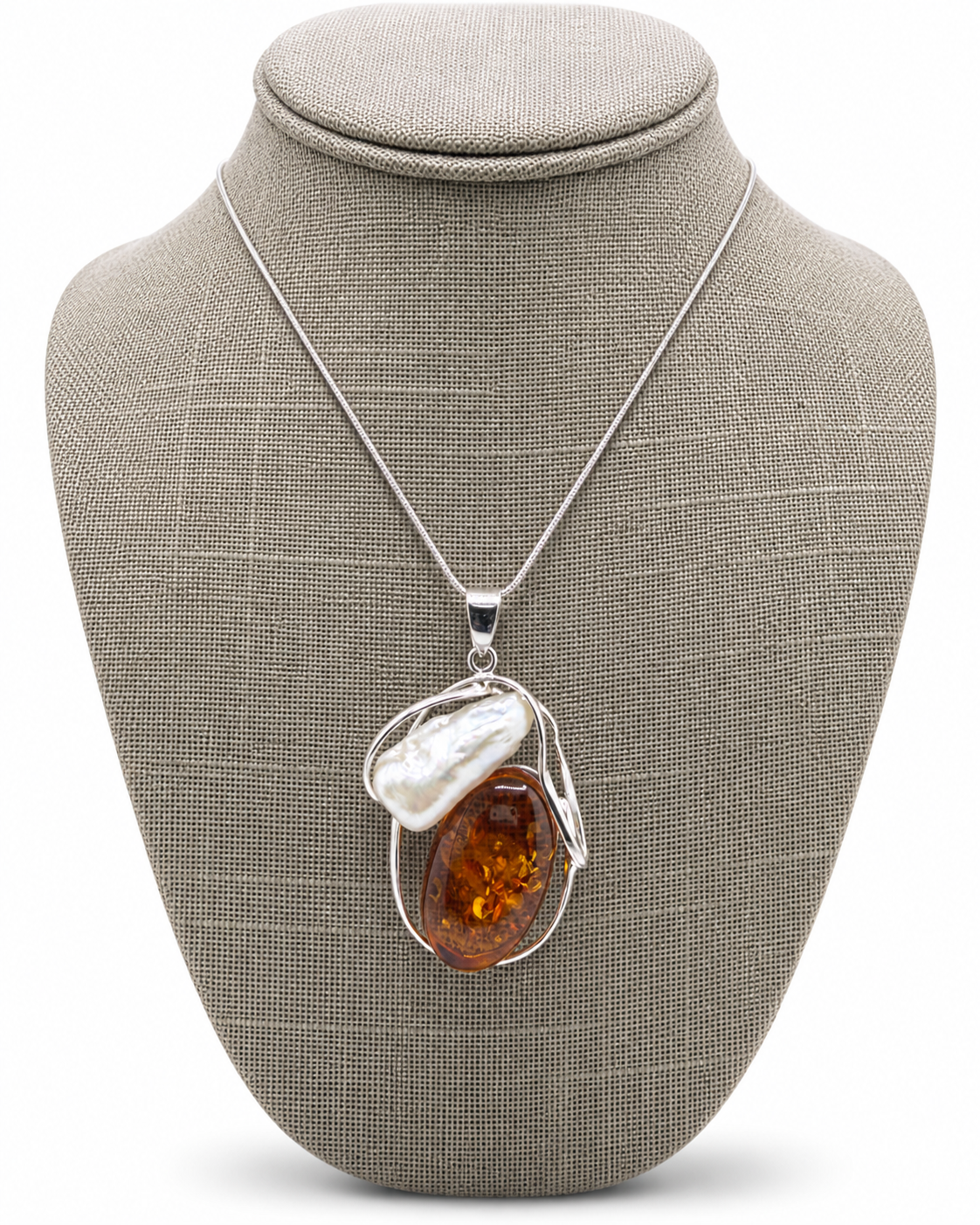 Baltic Amber & Keshi Pearl Pendant – Sterling Silver Necklace | Choice of Honey Cognac or Green Amber | One of a Kind