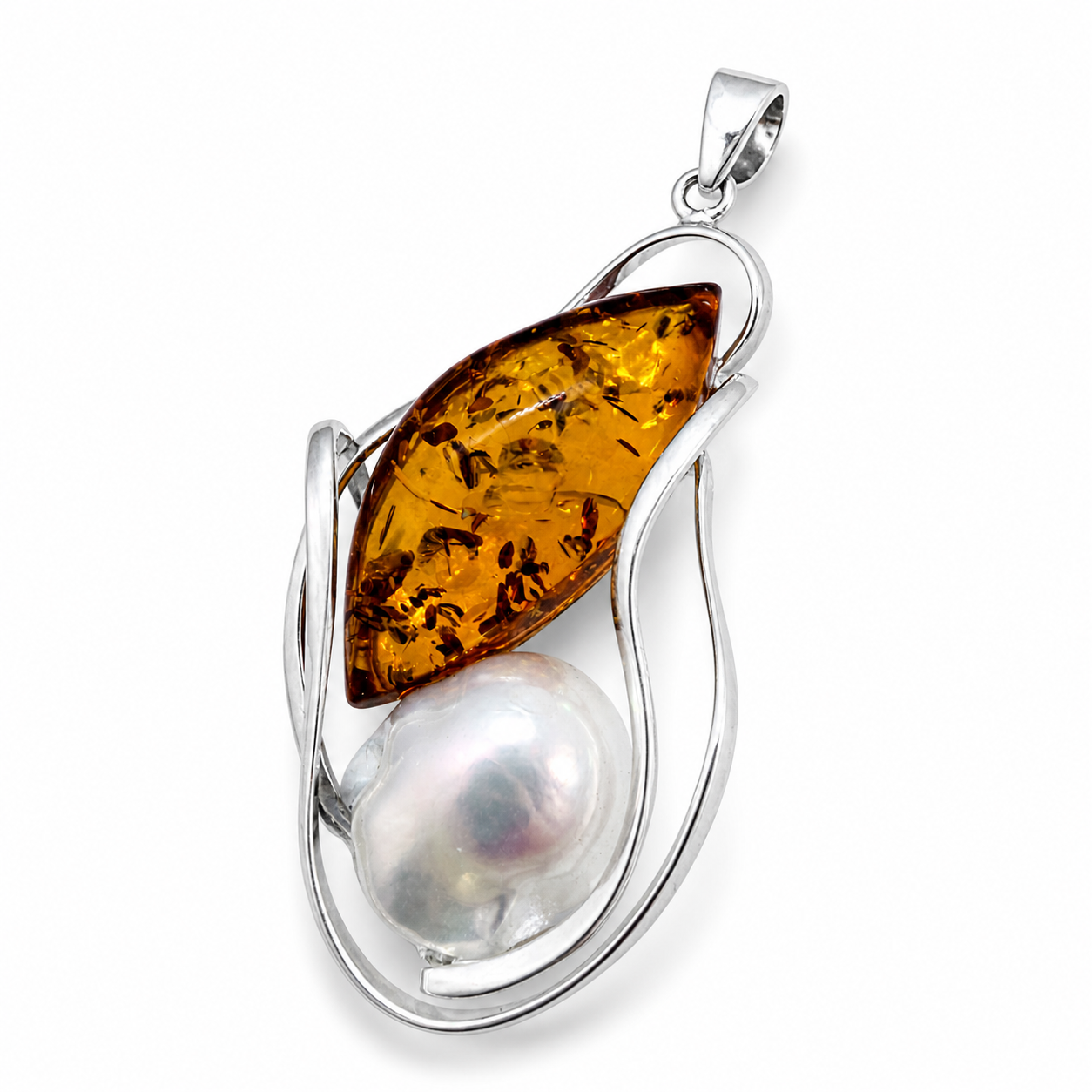 Baltic Amber & Keshi Pearl Pendant – Sterling Silver Necklace | Choice of Honey Cognac or Green Amber | One of a Kind