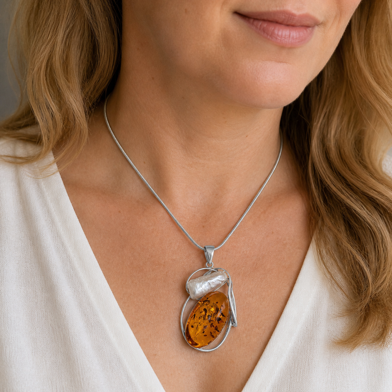 Baltic Amber & Keshi Pearl Pendant – Sterling Silver Necklace | Choice of Honey Cognac or Green Amber | One of a Kind