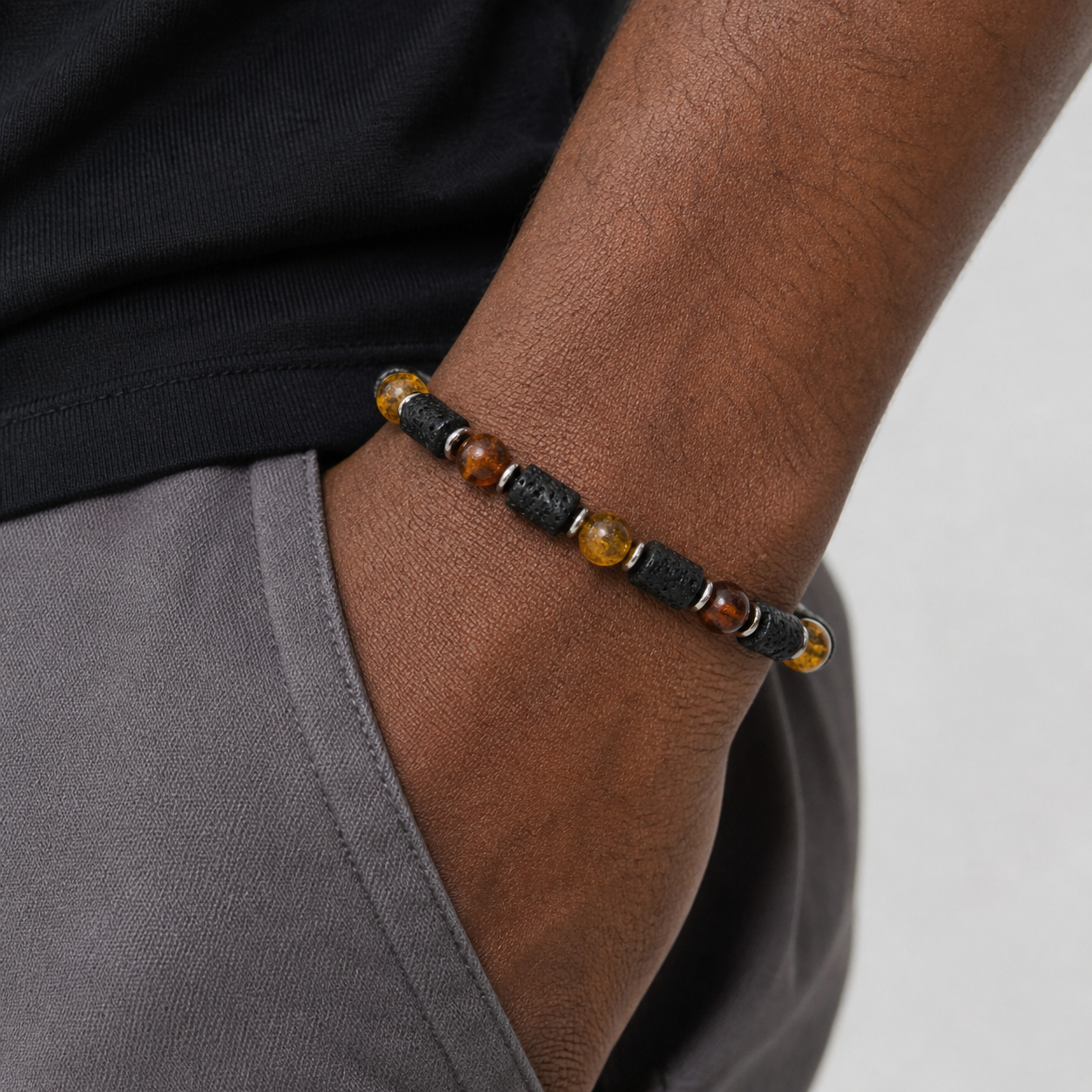 Baltic Amber & Lava Men’s Stretch Bracelet – Matte Butterscotch Amber, Sterling Silver Accents