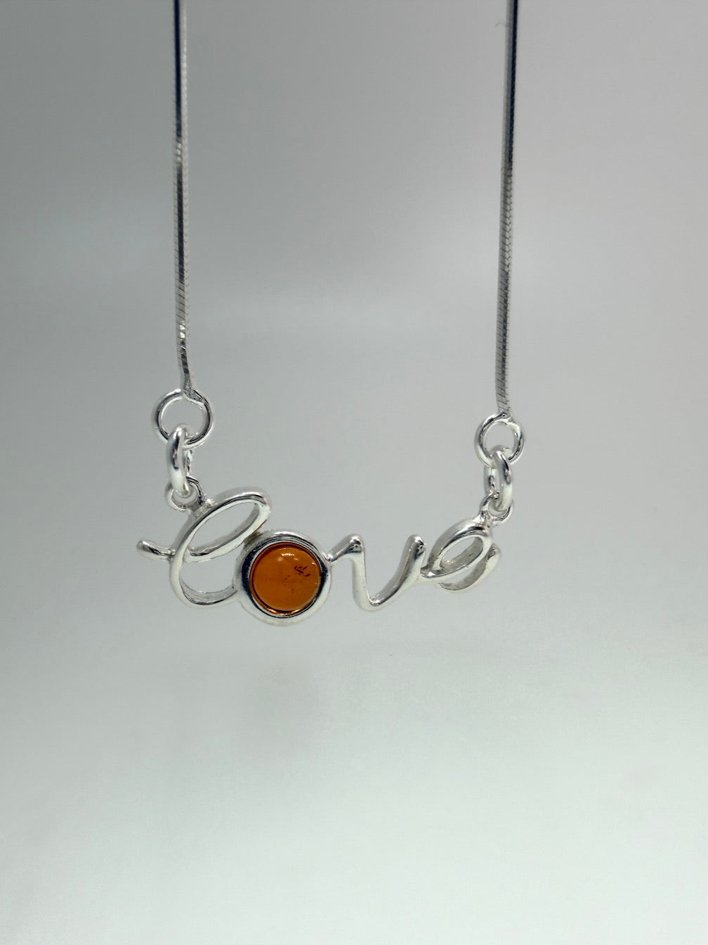 Baltic Amber “Love” Script Necklace – Honey Baltic Amber Accent – Adjustable 16” + 1.5” Extension