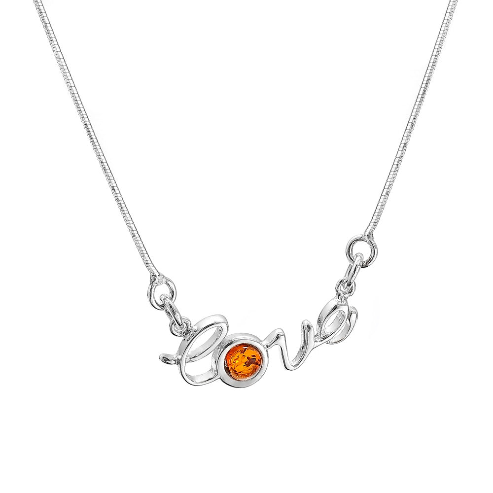 Baltic Amber “Love” Script Necklace – Honey Baltic Amber Accent – Adjustable 16” + 1.5” Extension