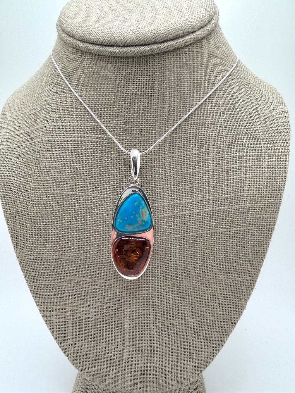 Baltic Amber & Sleeping Beauty Turquoise Pendant – Sterling Silver – Modern Two-Stone Design – Made in Poland