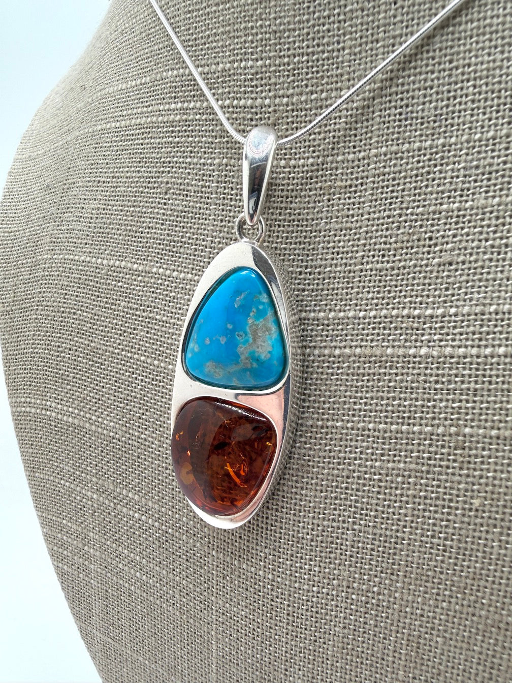 Baltic Amber & Sleeping Beauty Turquoise Pendant – Sterling Silver – Modern Two-Stone Design – Made in Poland
