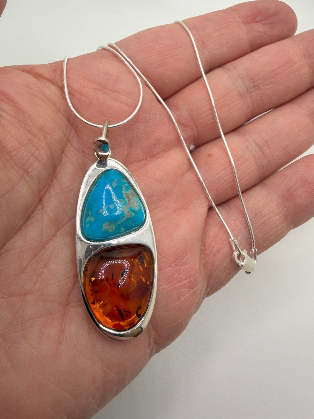 Baltic Amber & Sleeping Beauty Turquoise Pendant – Sterling Silver – Modern Two-Stone Design – Made in Poland