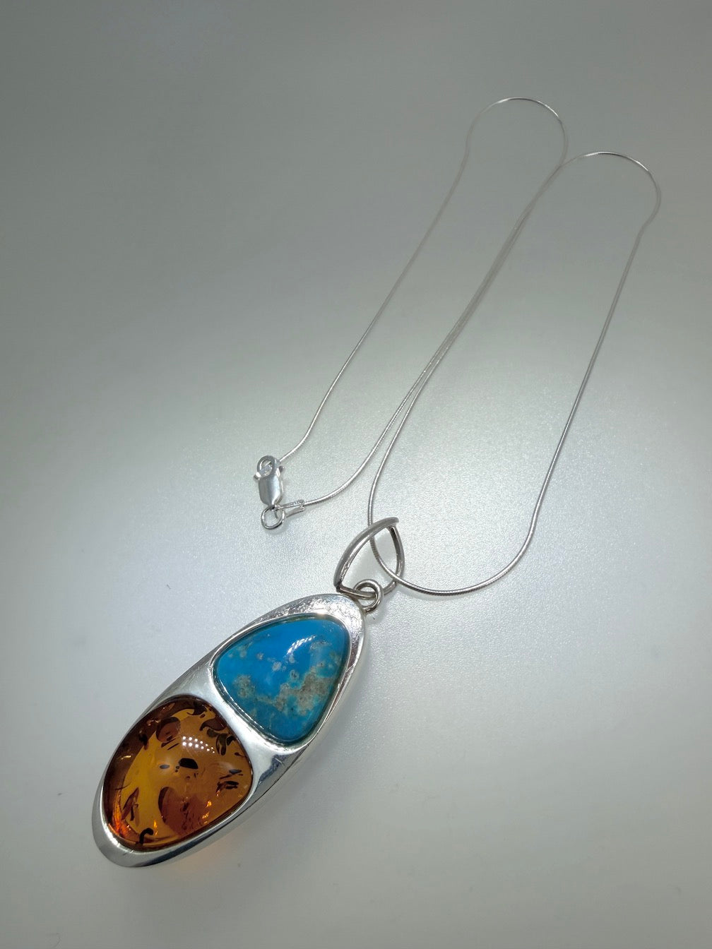 Baltic Amber & Sleeping Beauty Turquoise Pendant – Sterling Silver – Modern Two-Stone Design – Made in Poland
