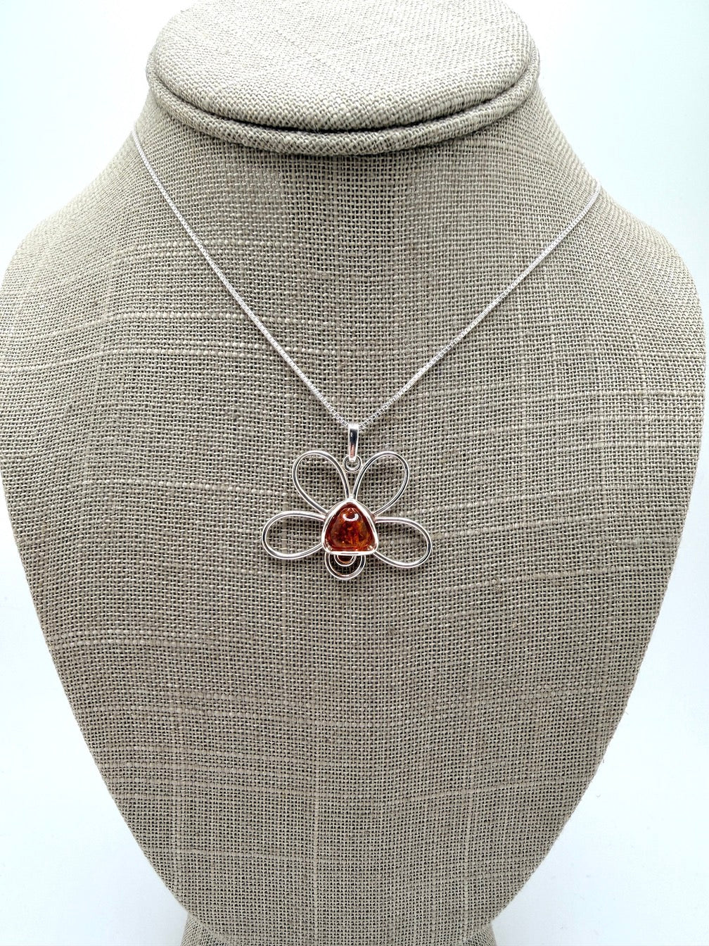 Baltic Amber & Sterling Silver Flower Pendant on Silver Chain