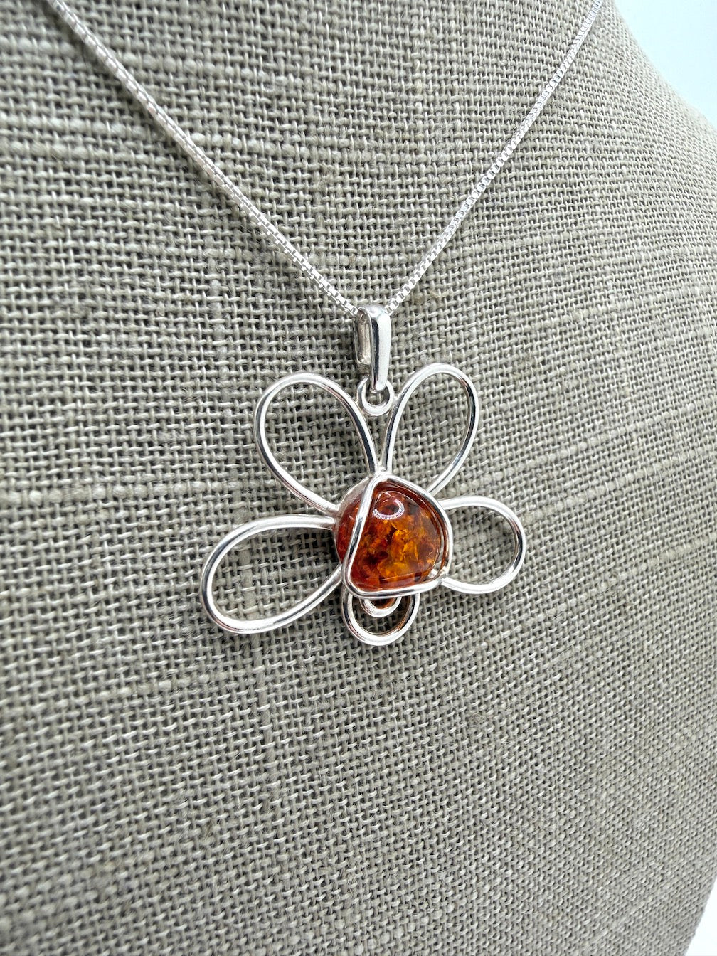 Baltic Amber & Sterling Silver Flower Pendant on Silver Chain