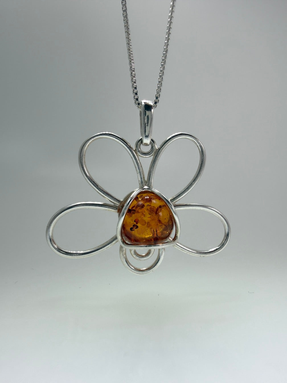 Baltic Amber & Sterling Silver Flower Pendant on Silver Chain