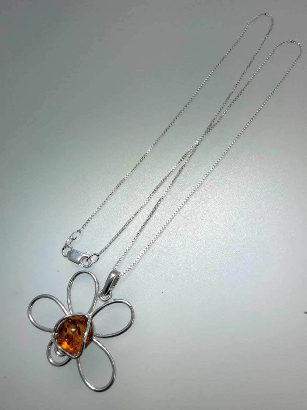 Baltic Amber & Sterling Silver Flower Pendant on Silver Chain