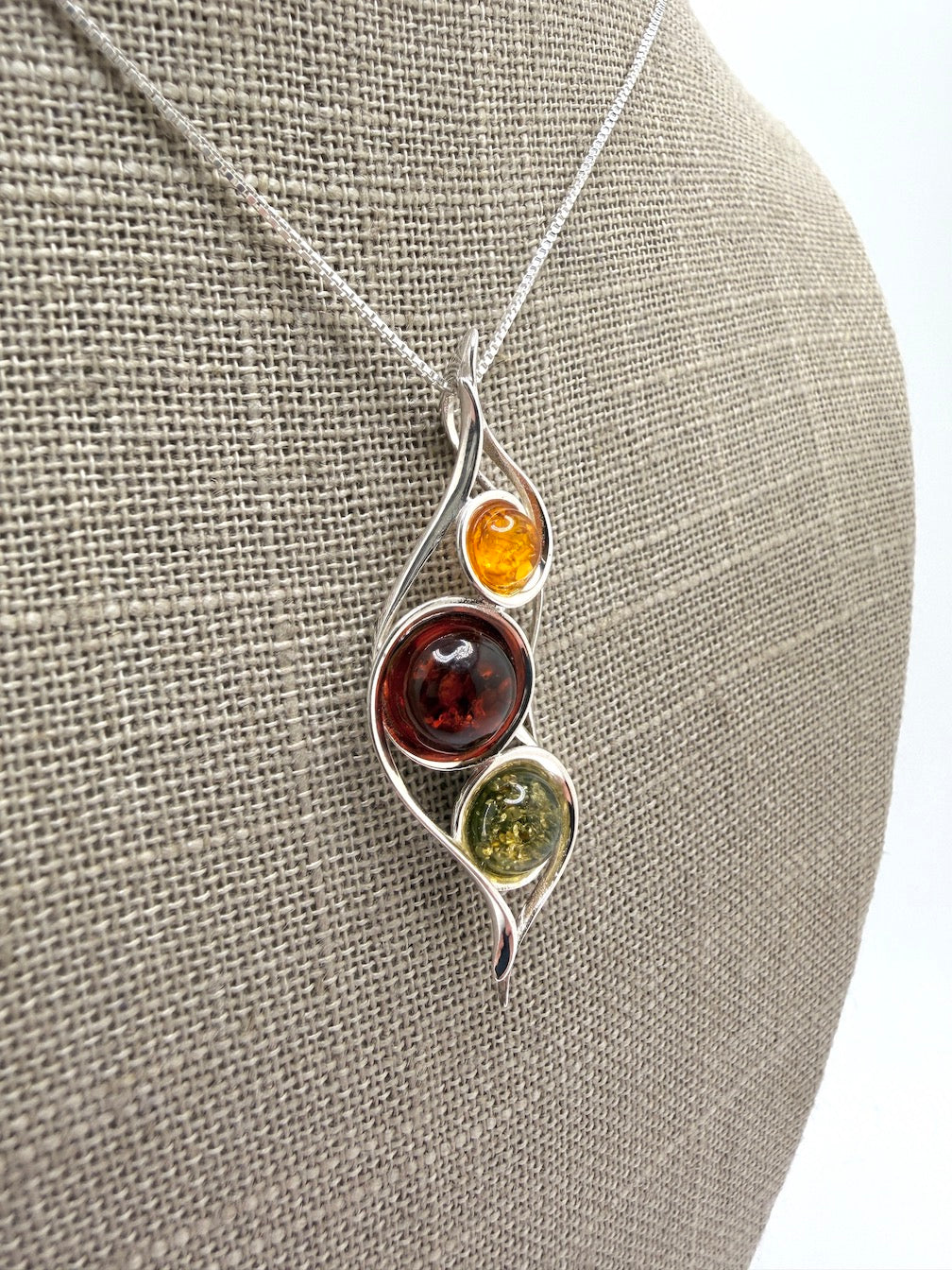 Baltic Amber & Sterling Silver Pod Pendant | Three-Stone Design on Silver Chain