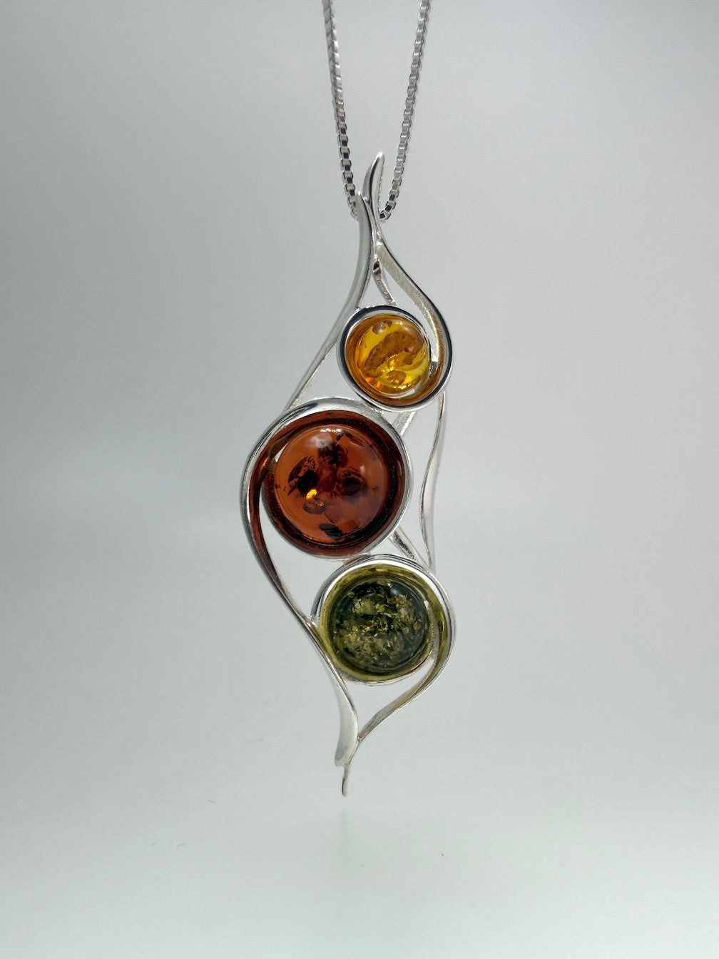 Baltic Amber & Sterling Silver Pod Pendant | Three-Stone Design on Silver Chain