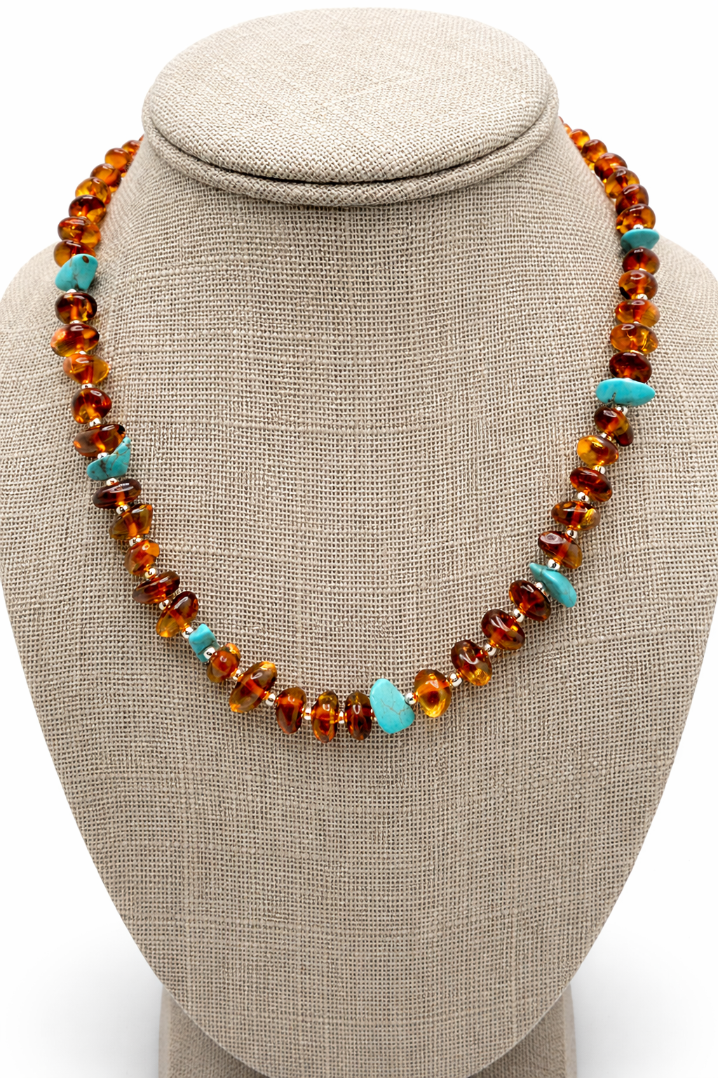 Baltic Amber & Turquoise Necklace – Genuine Amber Beaded Necklace – Cognac Amber with Turquoise Accents