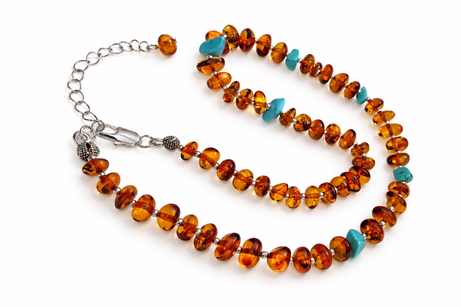 Baltic Amber & Turquoise Necklace – Genuine Amber Beaded Necklace – Cognac Amber with Turquoise Accents