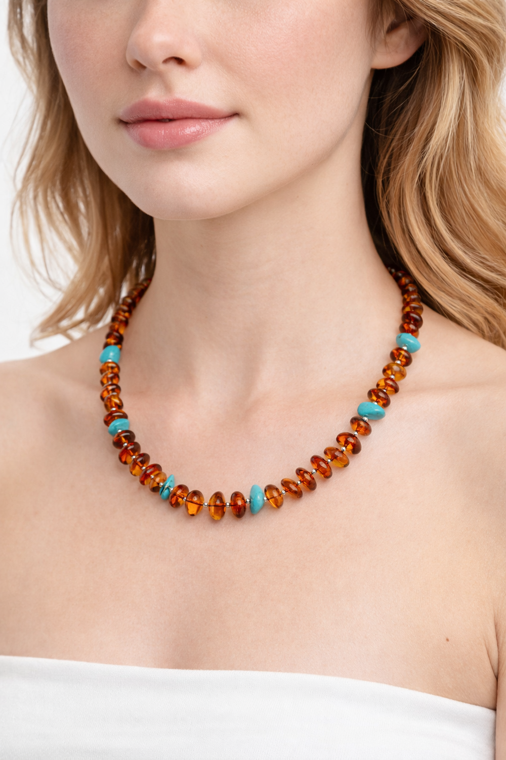 Baltic Amber & Turquoise Necklace – Genuine Amber Beaded Necklace – Cognac Amber with Turquoise Accents