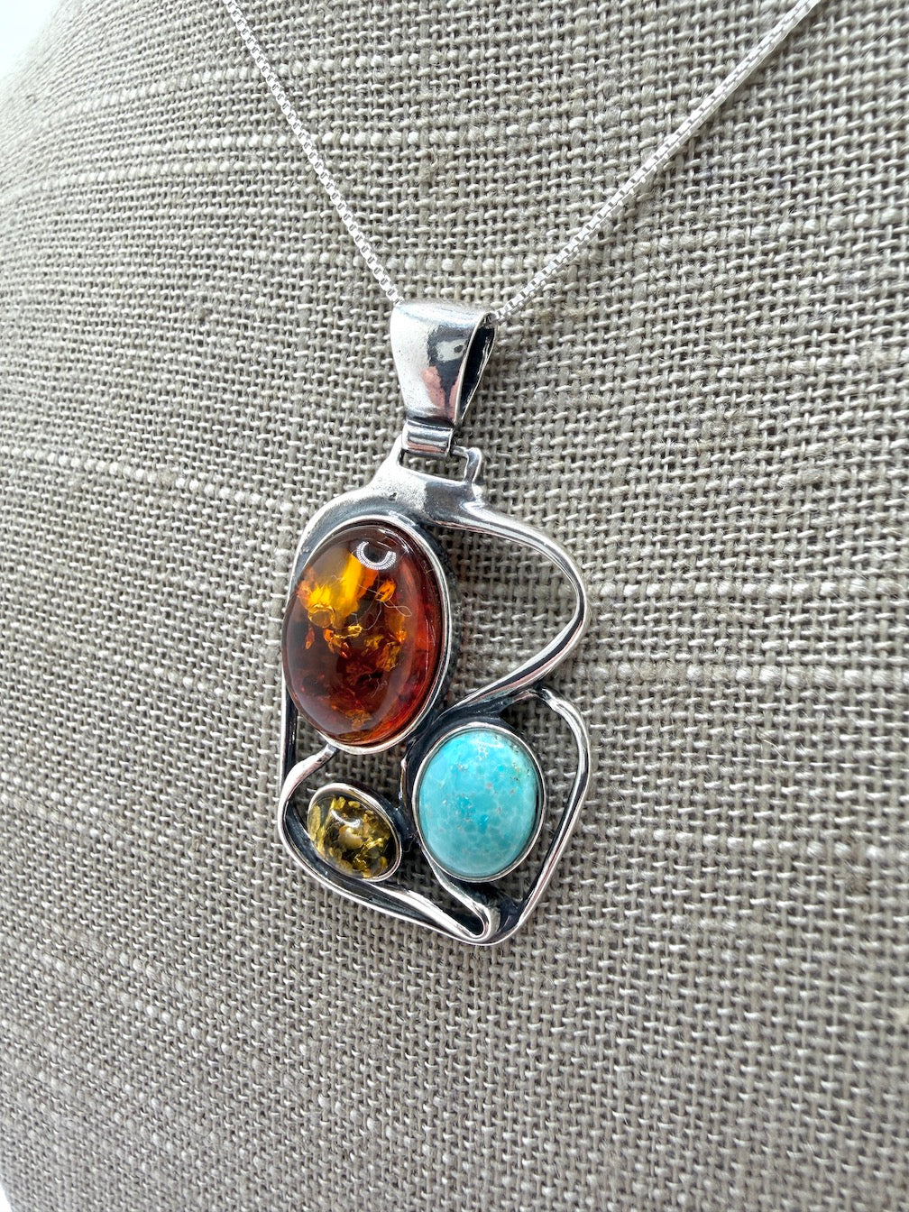 Baltic Amber & Turquoise Organic Drop Pendant Necklace on Silver Chain