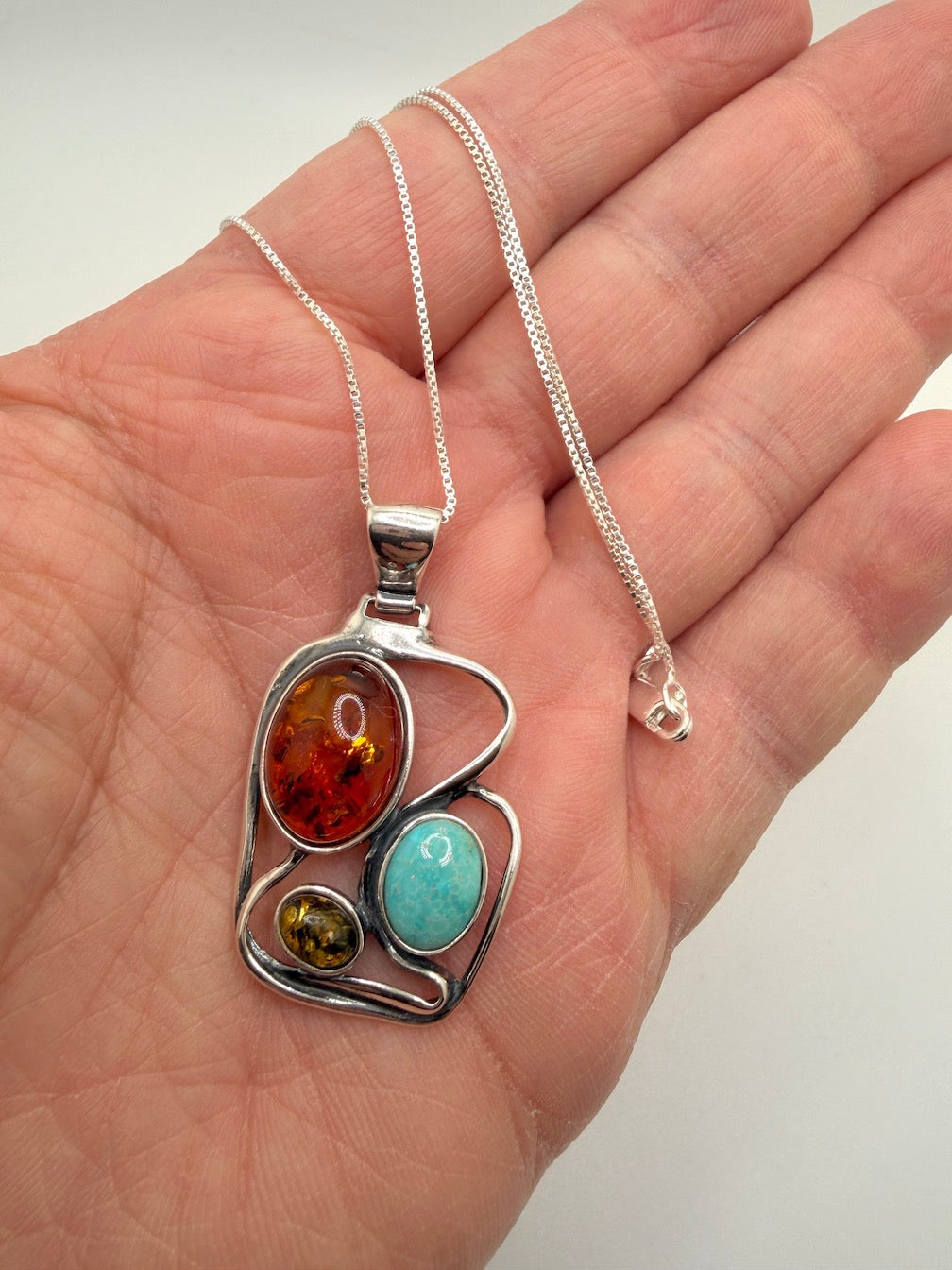 Baltic Amber & Turquoise Organic Drop Pendant Necklace on Silver Chain