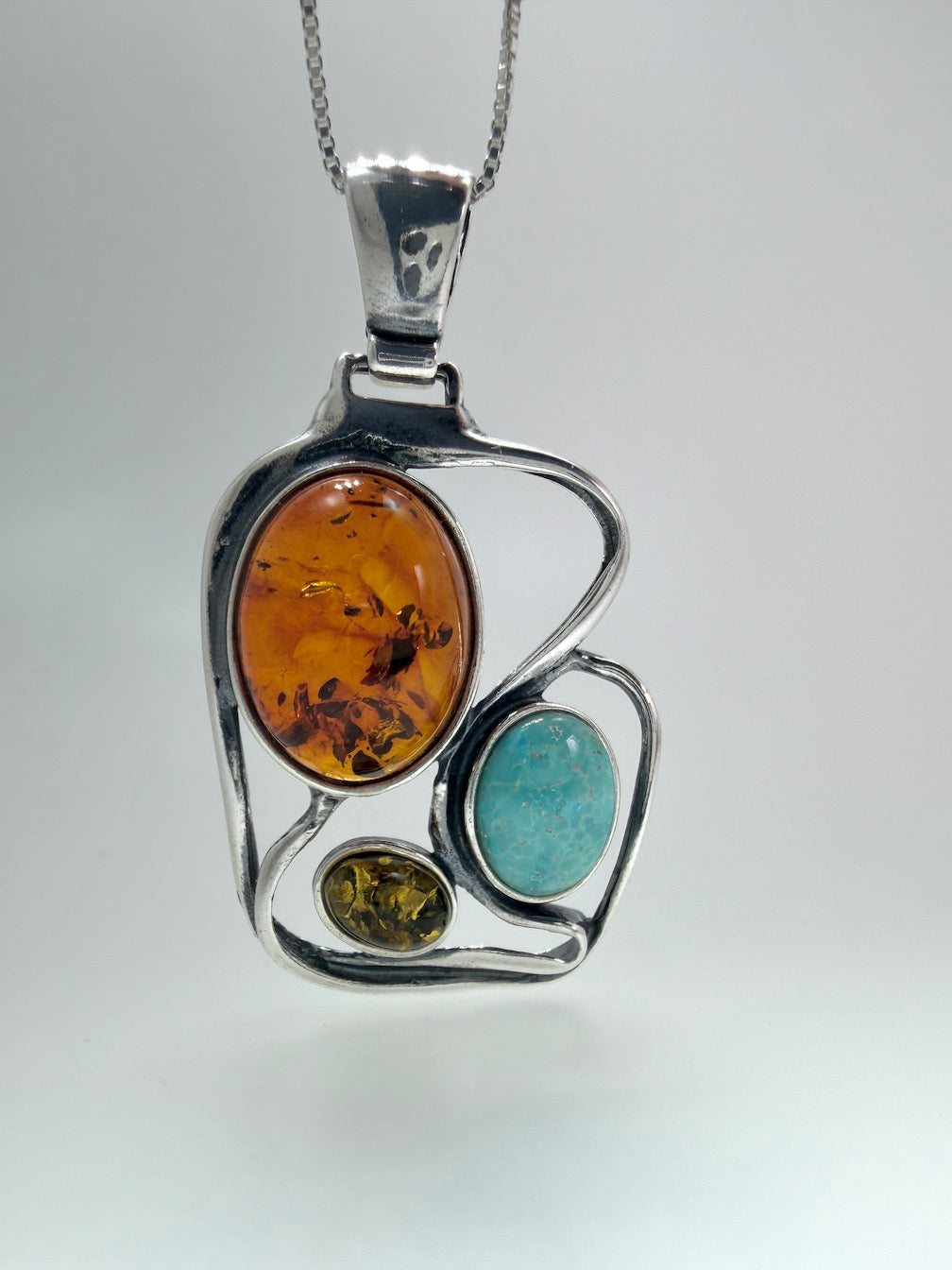 Baltic Amber & Turquoise Organic Drop Pendant Necklace on Silver Chain