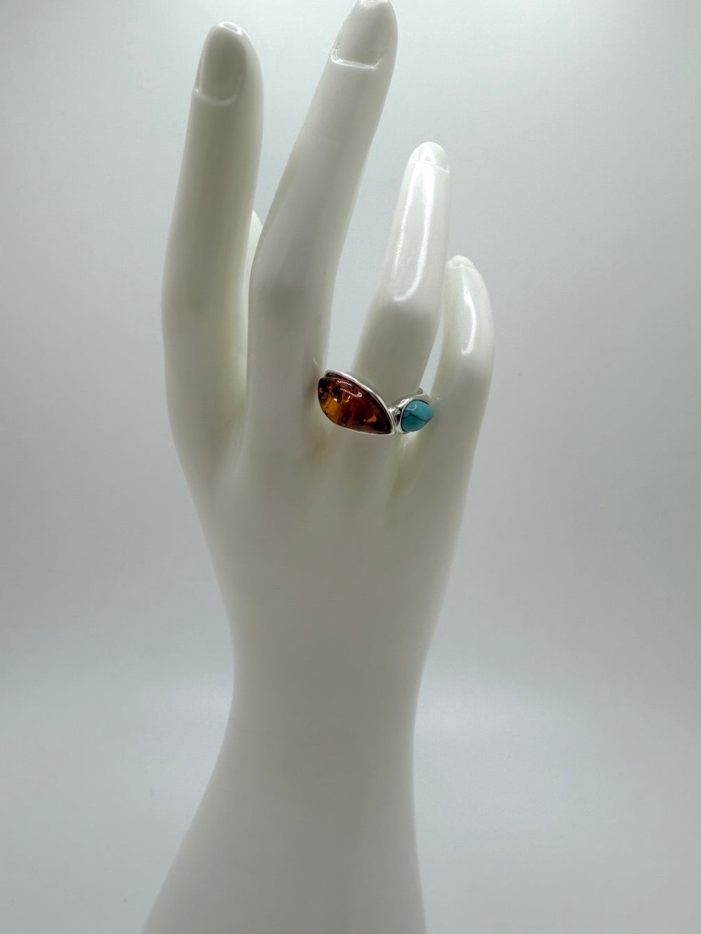 Baltic Amber & Turquoise Sterling Silver Ring – Two-Stone Marquise Design