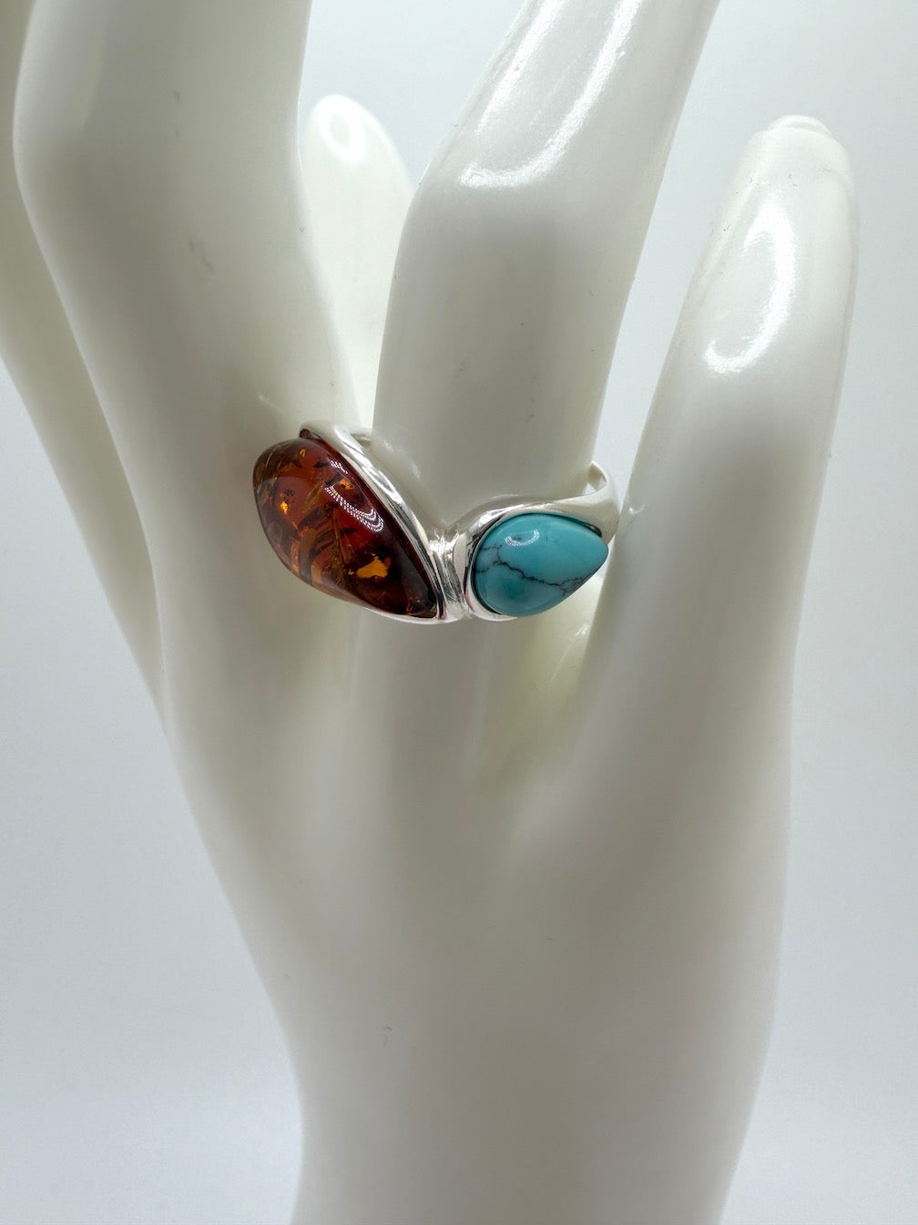 Baltic Amber & Turquoise Sterling Silver Ring – Two-Stone Marquise Design