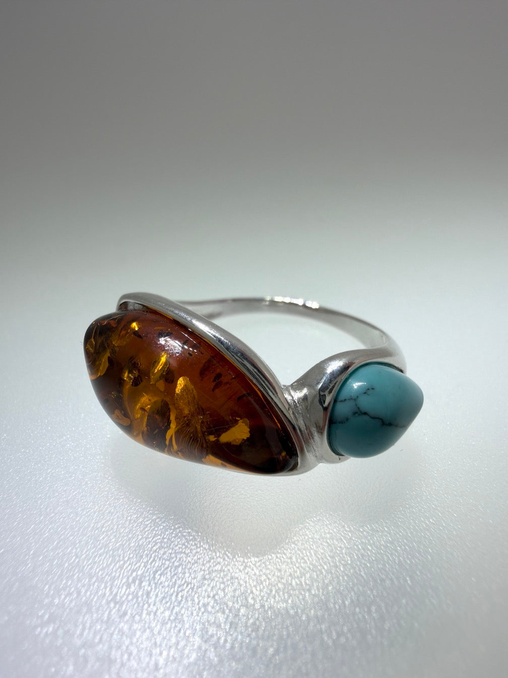 Baltic Amber & Turquoise Sterling Silver Ring – Two-Stone Marquise Design