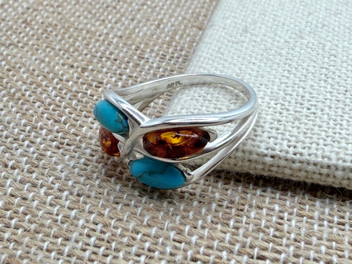 Baltic Amber & Turquoise Sterling Silver Ring – Two-Stone Marquise Design