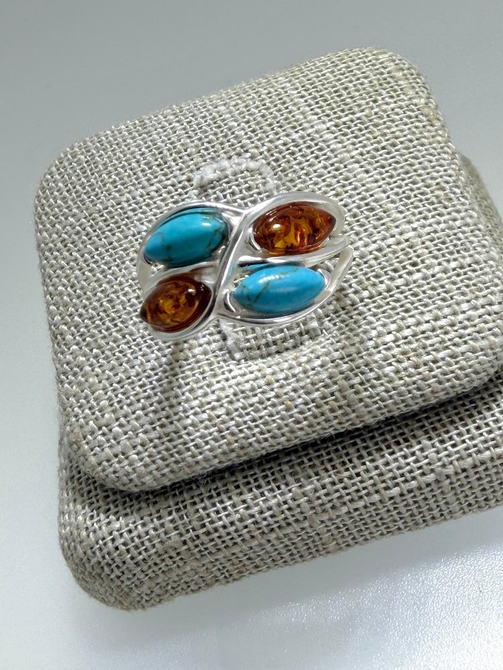 Baltic Amber & Turquoise Sterling Silver Ring – Two-Stone Marquise Design