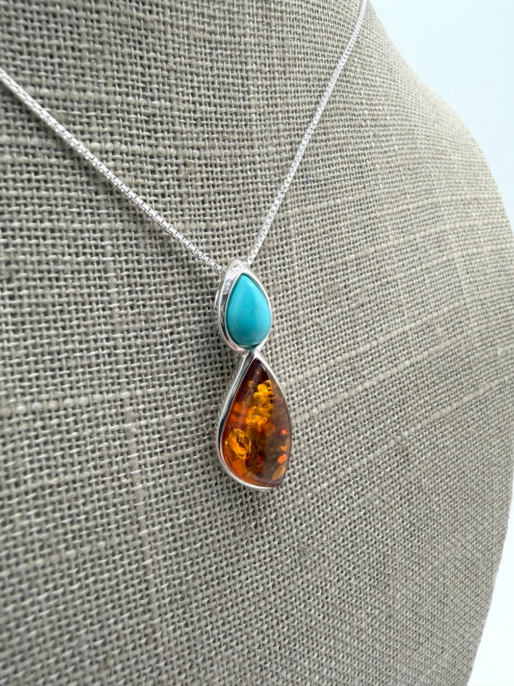 Baltic Amber & Turquoise Two Stone Drop Necklace – Honey Amber Marquise & Blue Green Turquoise – 18” Box Chain