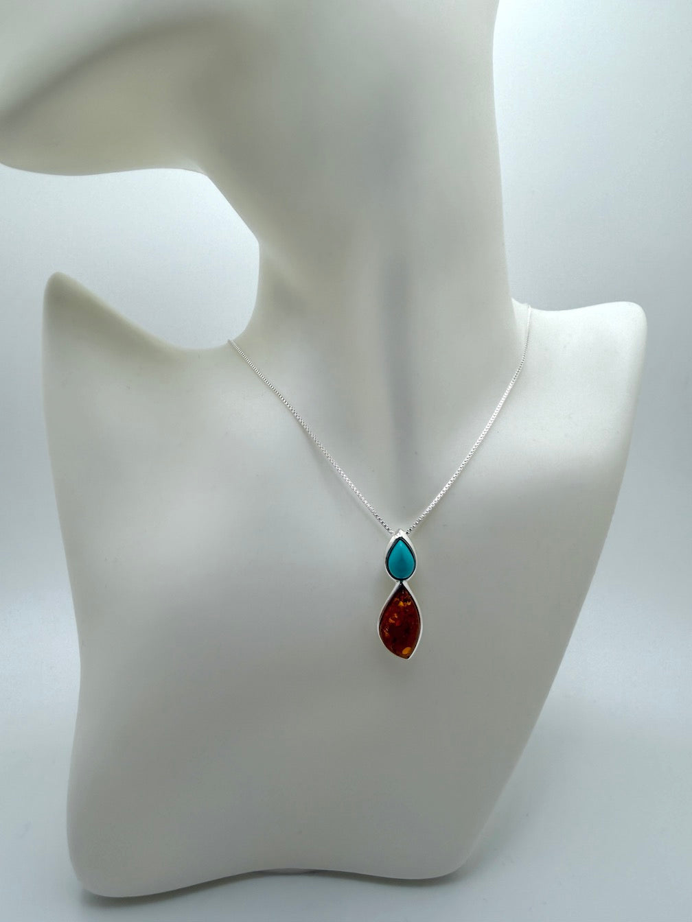 Baltic Amber & Turquoise Two Stone Drop Necklace – Honey Amber Marquise & Blue Green Turquoise – 18” Box Chain