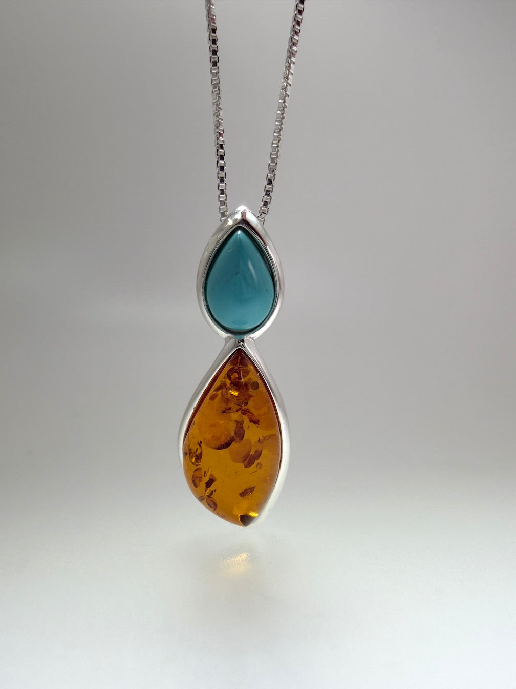 Baltic Amber & Turquoise Two Stone Drop Necklace – Honey Amber Marquise & Blue Green Turquoise – 18” Box Chain