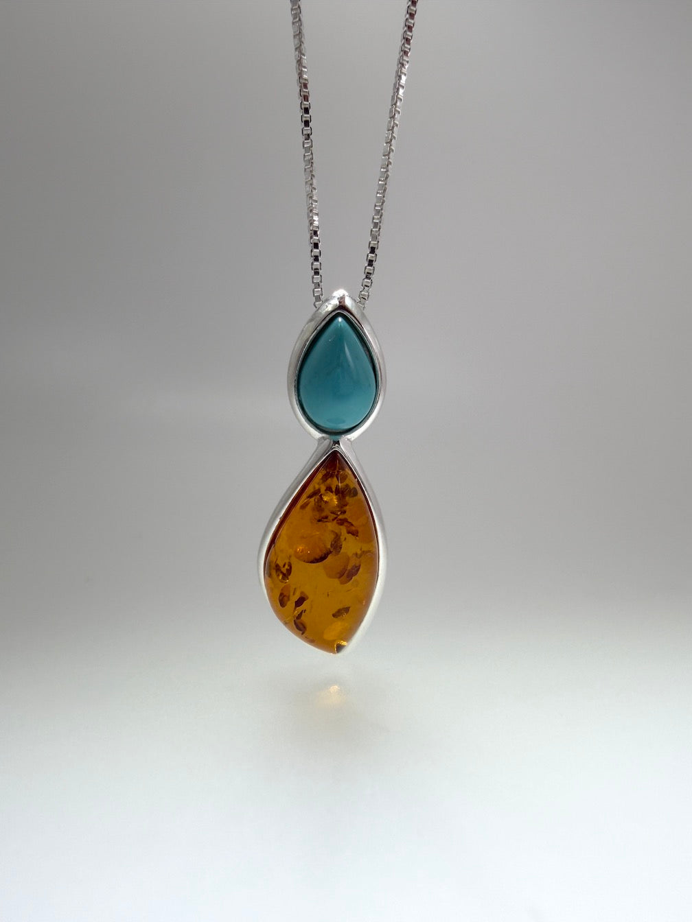 Baltic Amber & Turquoise Two Stone Drop Necklace – Honey Amber Marquise & Blue Green Turquoise – 18” Box Chain