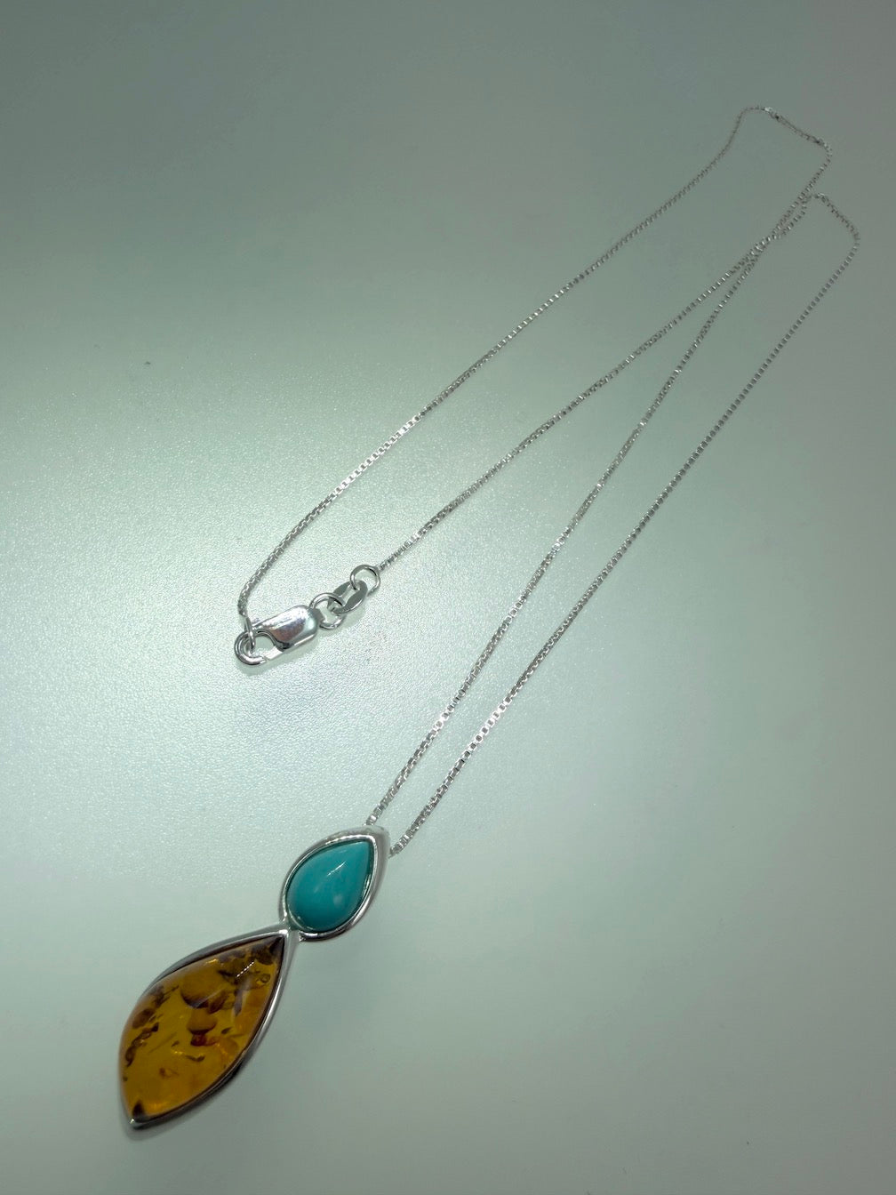 Baltic Amber & Turquoise Two Stone Drop Necklace – Honey Amber Marquise & Blue Green Turquoise – 18” Box Chain