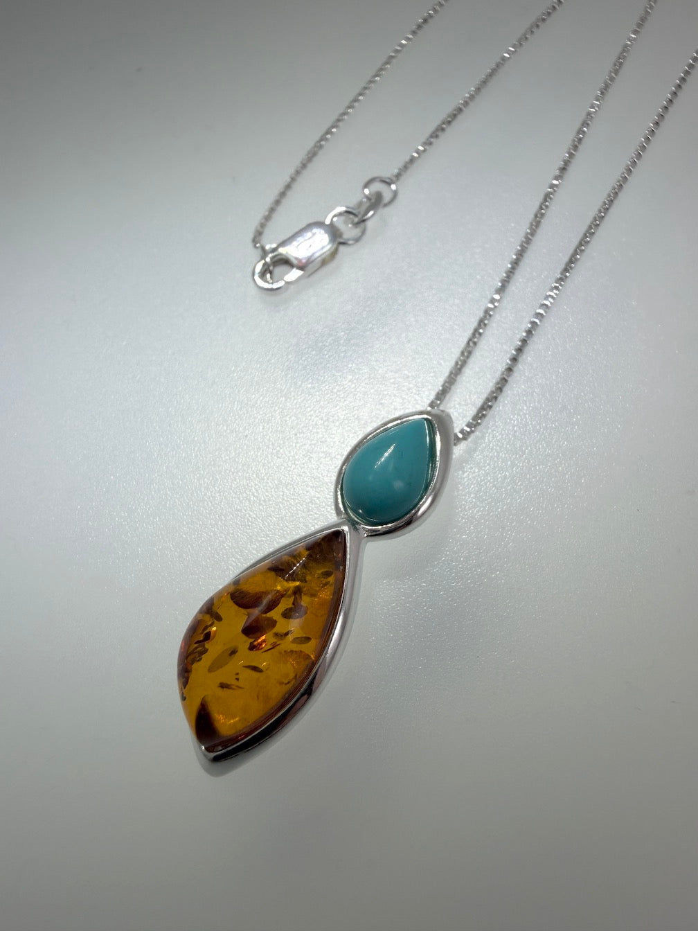 Baltic Amber & Turquoise Two Stone Drop Necklace – Honey Amber Marquise & Blue Green Turquoise – 18” Box Chain
